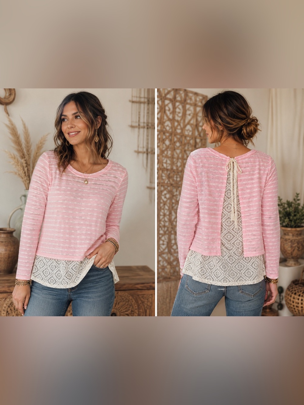 ENTRO Stripes And Lace Peekaboo Top EUC